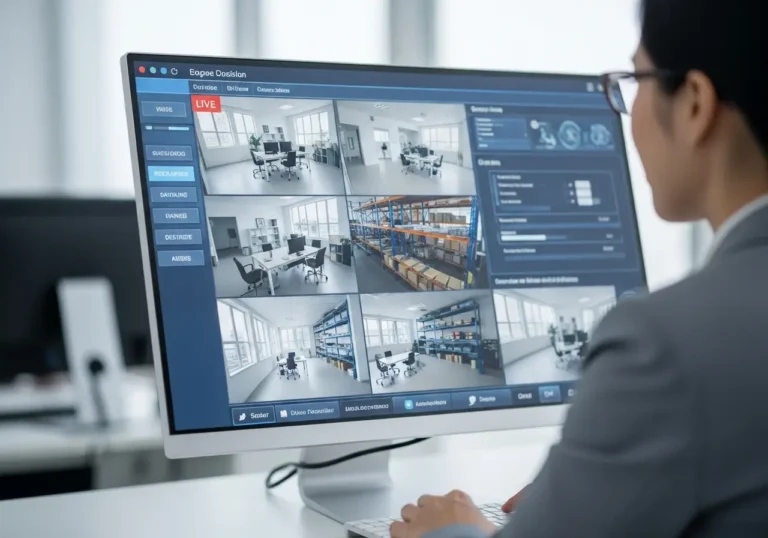 Seorang manajer bisnis sedang memantau sistem CCTV kantor di layar komputer, menunjukkan pengawasan berbagai area seperti ruang kerja dan gudang, relevan untuk jasa pasang CCTV di Yogyakarta